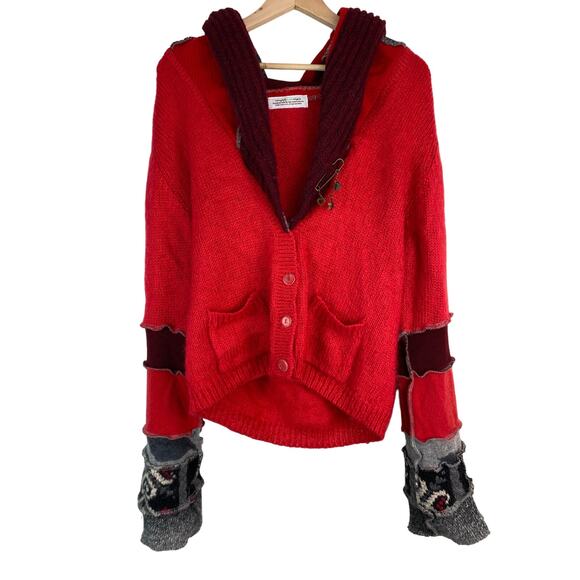 Rough Green Edges One Size Red Upcycled Whimsical Cardigan Sweater - Picture 1 of 10